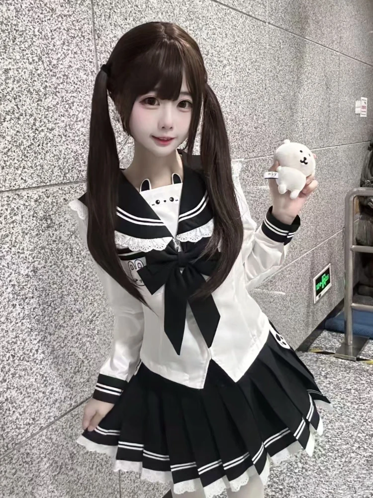 Kawaii Lovable Slim Bow с длинным рукавом, комплект из 2 предметов, женский дизайн, милые модные футболки с темно-синим воротником + кружевной торт, короткая юбка, костюм