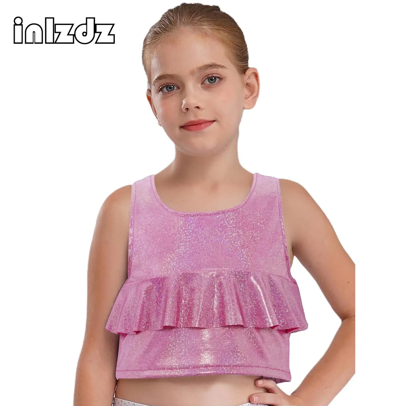 

Kids Girl Cheerleading Jazz Dance Stage Performance Costumes Tops Ruffles Metallic Vest Crop Top Round Neck Sleeveless Tank Tops