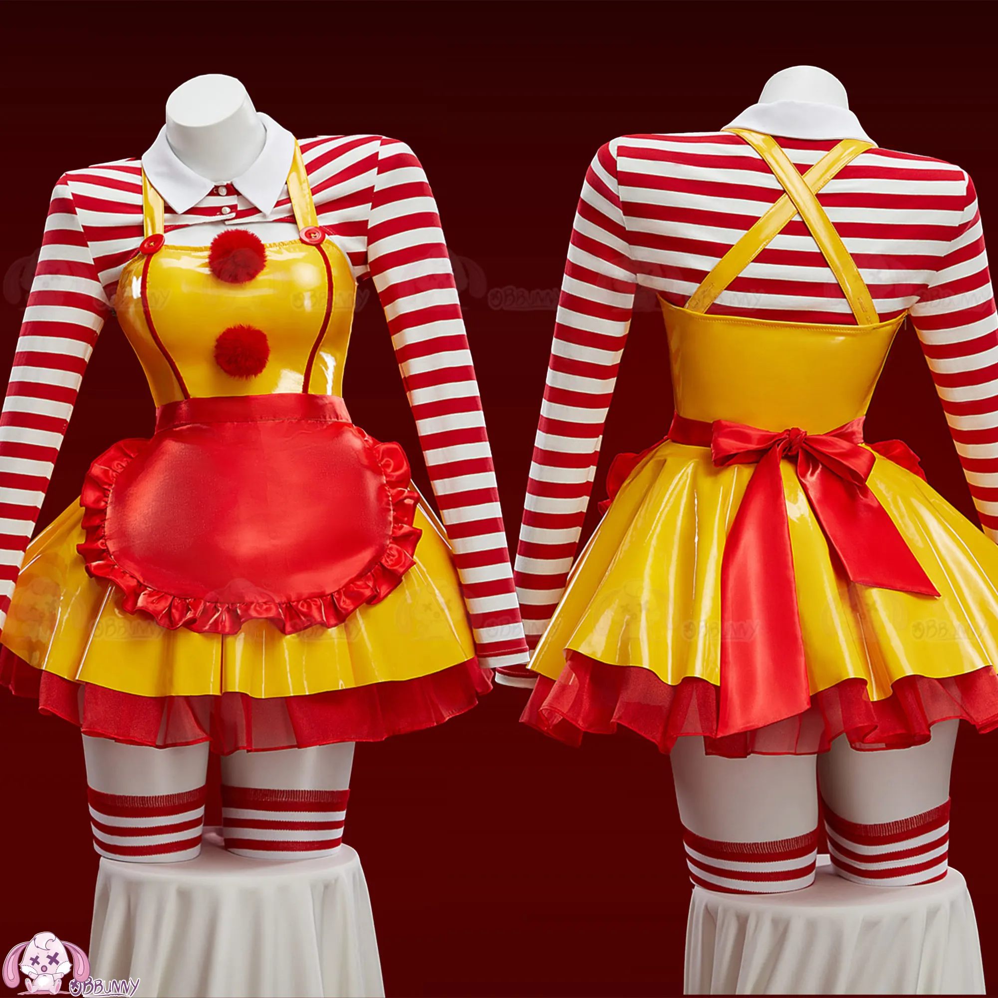 Original McMc Clown Shop Assistant Halloween Cosplay Outfit, PU Leather Cute Uniform Dress