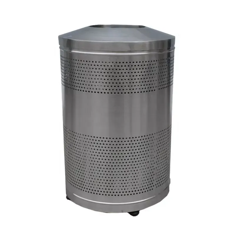 Outdoor Large Stainless Steel Round Trash Can Metal Garbage Bin for Park Courtyard Commercial Recycling