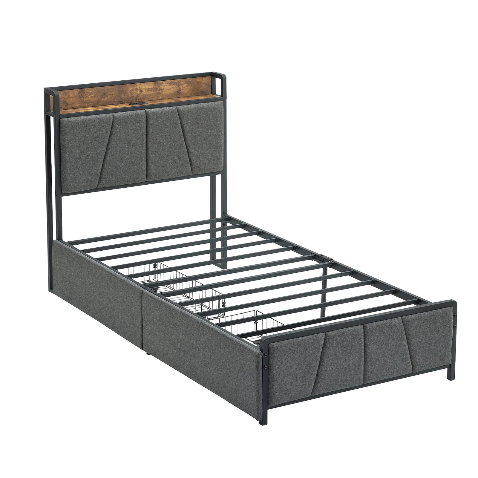 Platform Bed Upholstered in Rustic Linen with Headboard with Storage and Charging Station, 2 Drawers, Reinforced Metal Structure, No Box Spring, Silent, Easy Assembly - Twin/Twin Xl/Full - Grey/Brown