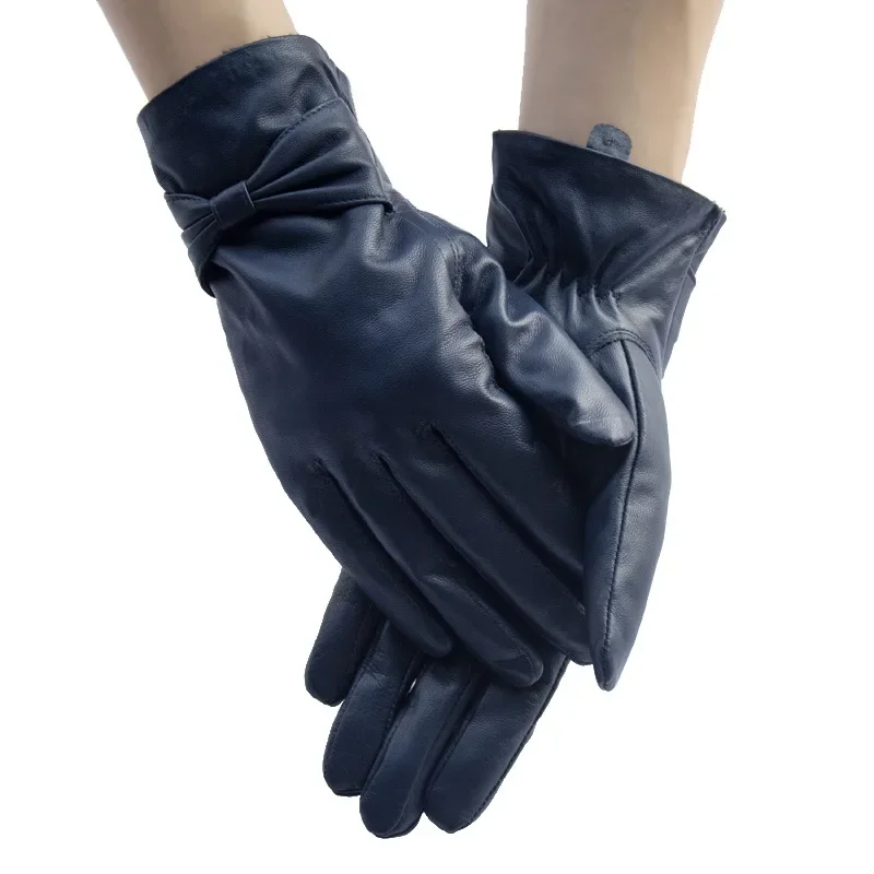 New Fashion Women Genuine Leather Sheepskin Bow Decoration Velvet Lining Keep Warm In Winter Black Gloves