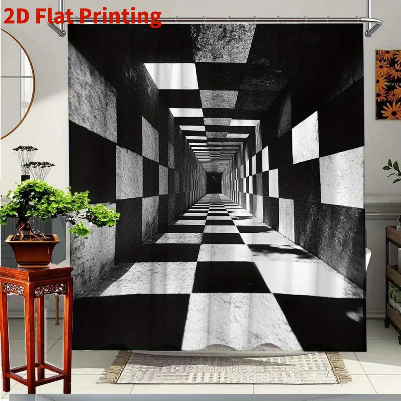3D Black White Checkerboard Shower Curtain Geometric Cube Tunnel Print Waterproof Bathroom Decor Modern Abstract Home BathScreen