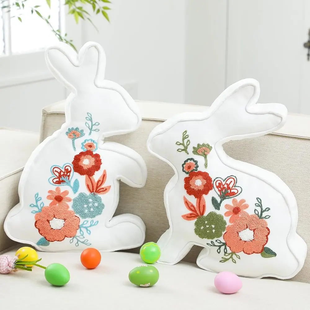 

2 Pcs Easter Bunny Throw Pillow 2 Size Soft Velvet Bunny Shaped Floral Embroidered Rabbit Decorative Pillow Spring Office Decor