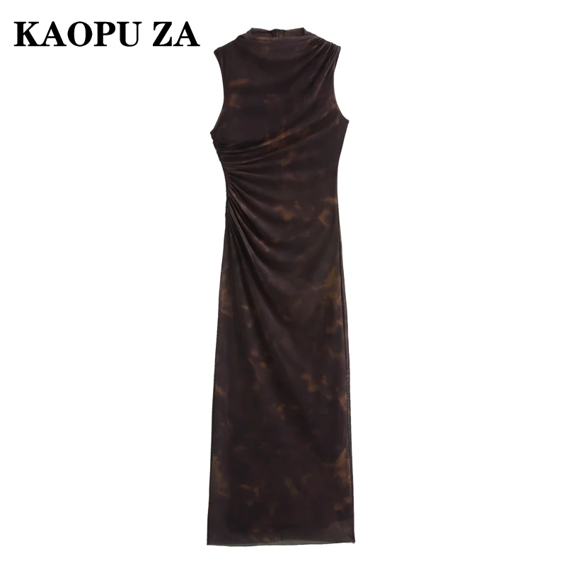 

KAOPU ZA 2024 New Summer Woman's Casual Half high Collar Sleeveless Dress Maxi Skirt Female Vintage Tie dye zipper Ruffles Top