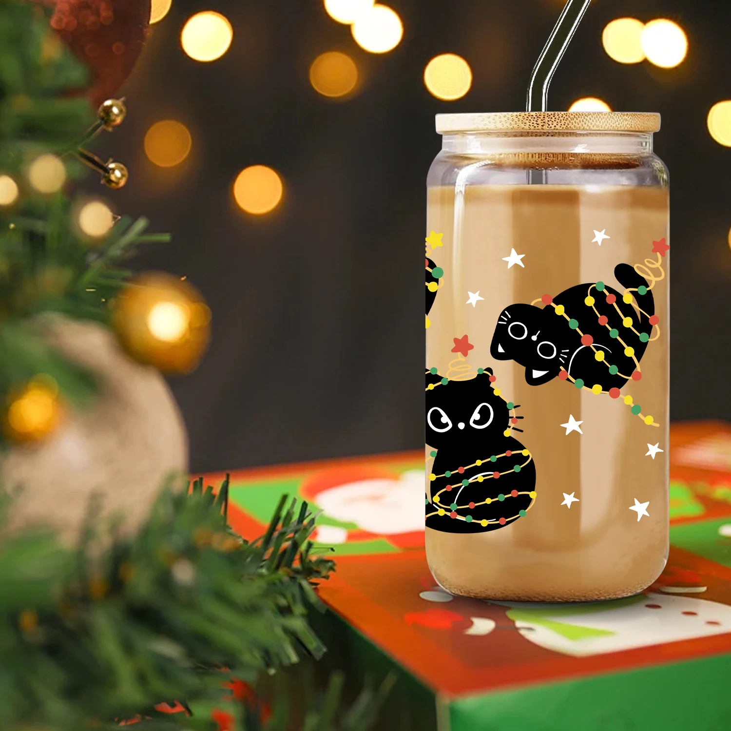 3d Printed Cute Cat 16oz Glass Can Soda Cup With Lid And Straw Christmas Iced Coffee Cup Cups For Parties And Stocking Stuffers