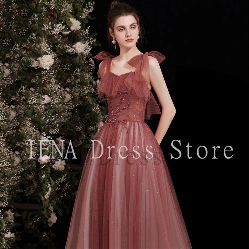 14239 # Iena Elegant Puffy Tulle Plooi Ruches Mouw Boog Strap Maxi Kralen Prom Gown Avondjurk Quinceanera Club Party jurk