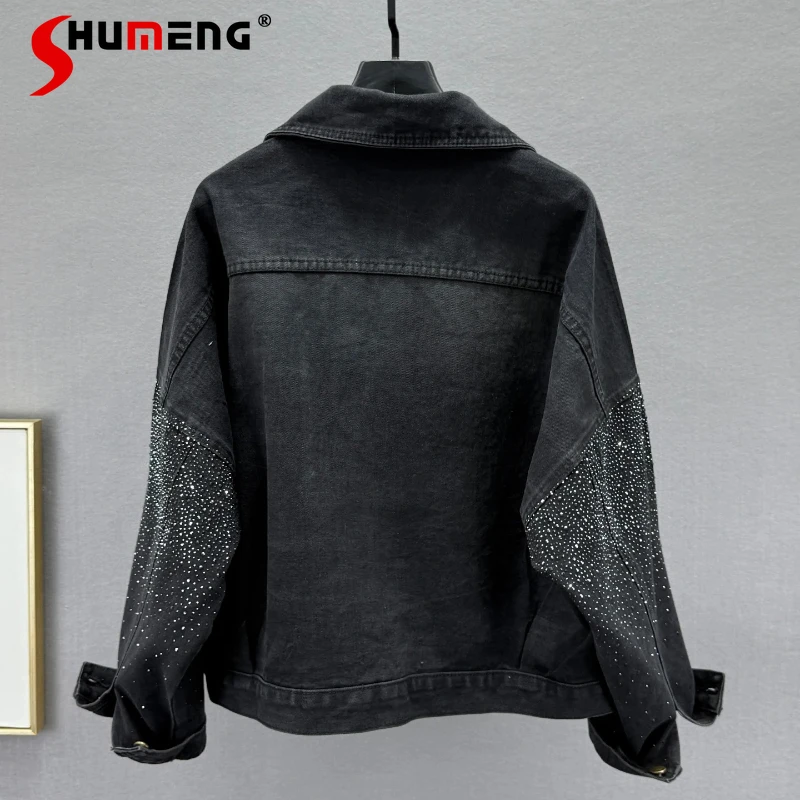 

Женские модные джинсовые куртки с бриллиантами, осень 2022, новые свободные удобные стильные красивые топы, женские красивые шикарные джинсовые пальто