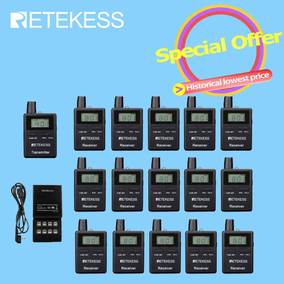 

Retekess TT109 Wireless Tour Guide System 1Transmitter+ 15Receivers+1Charger Base for Church Translation Traveling Museum