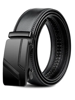 Men's Automatic Buckle PU Belt – 3.4cm Black Ratchet Belt for Jeans and Suits, 110 / 120 / 130cm