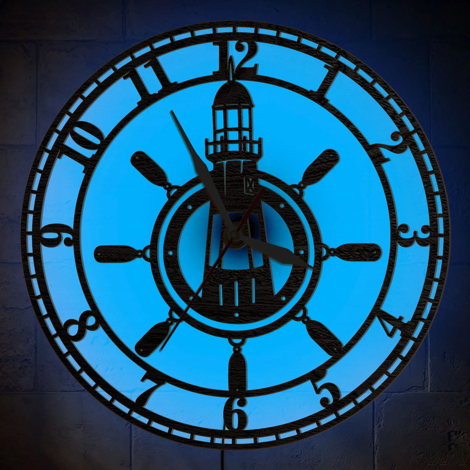 Lighthouse With Ship Wheel Wooden Wall Clock with LED Backlight Luminous Night Light Wall Clock For Coastal Nautical Home Cabin