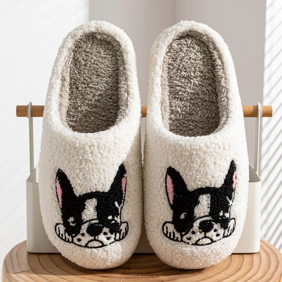 French Bulldog Women's Slippers Winter Indoor Cute Cartoon Dog Warm Soft Sole Anti-slip Fashion Concise Cotton Shoes for Gift