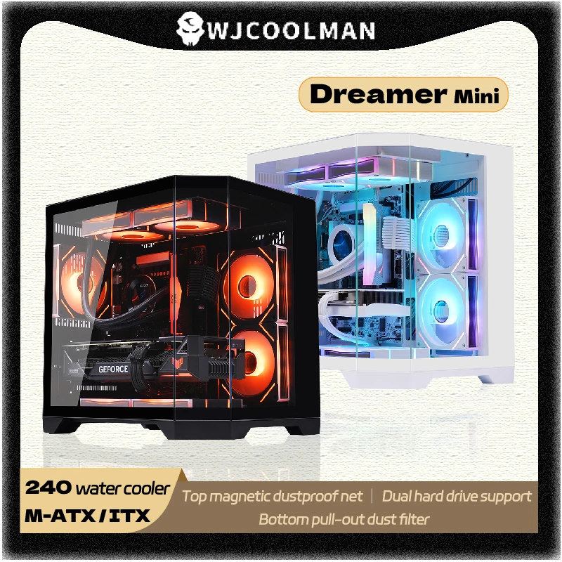 WJCOOLMAN Dreamer Mini PC Case M-ATX Three Sided Glass Sea View Room 240 Water Cooler Desktop Computer Case Gabinetes Gamer