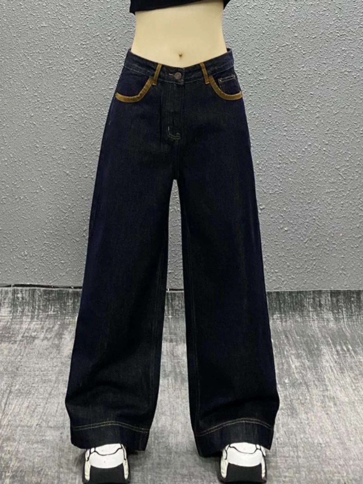 

High Waist Wide Leg Jeans Women's Spring New Sle ket Design Color Blo Waed Denim Pants Slimming Straight Cut Trousers