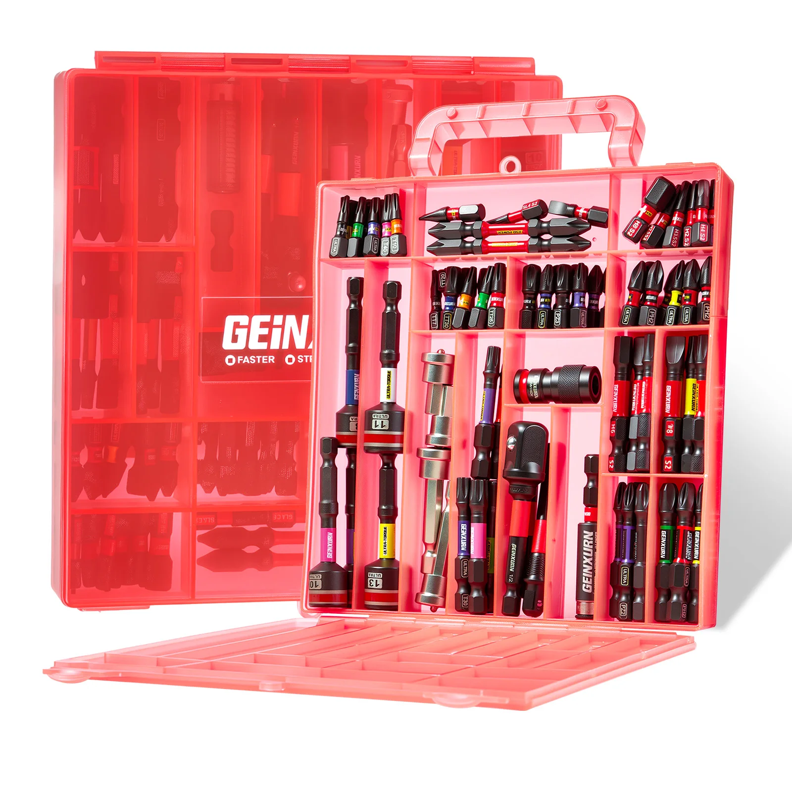 Geinxurn Impact Wrench Socket Set (includes sockets and extension bars), metric socket set, and colored screwdriver bit set.