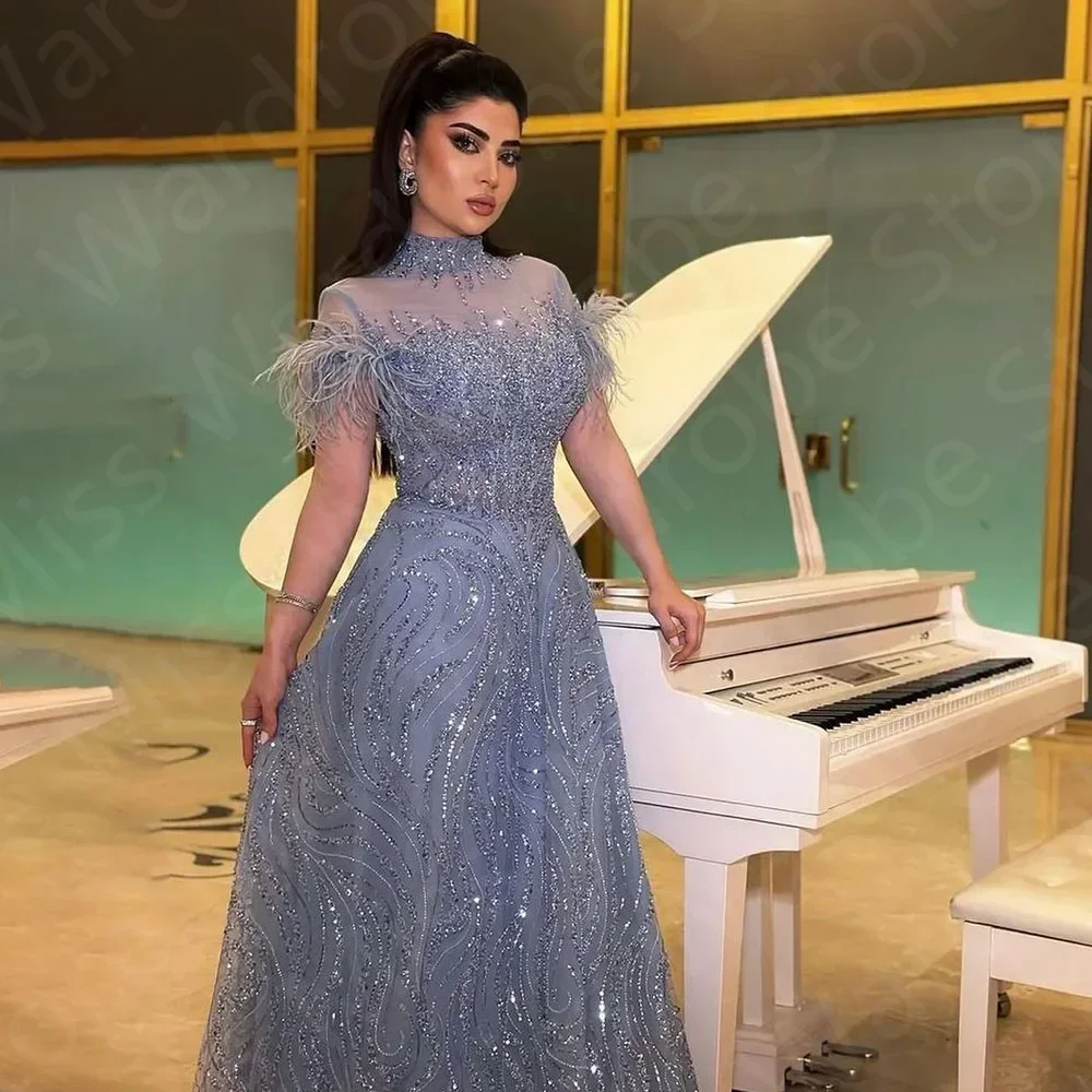 Sky Blue Prom Dresses High Neck Pleated Beading Saudi Arabia Evening Dresses Floor Length Customized Feathers Wedding Dress