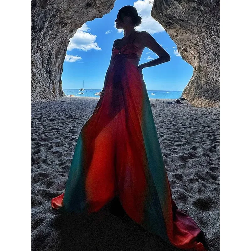 JINIA ชุดเดรสแม็กซี่พิมพ์ลายสีสันสดใสกลวงออกเอวสูงเซ็กซี่ชายหาดวันหยุด 2025