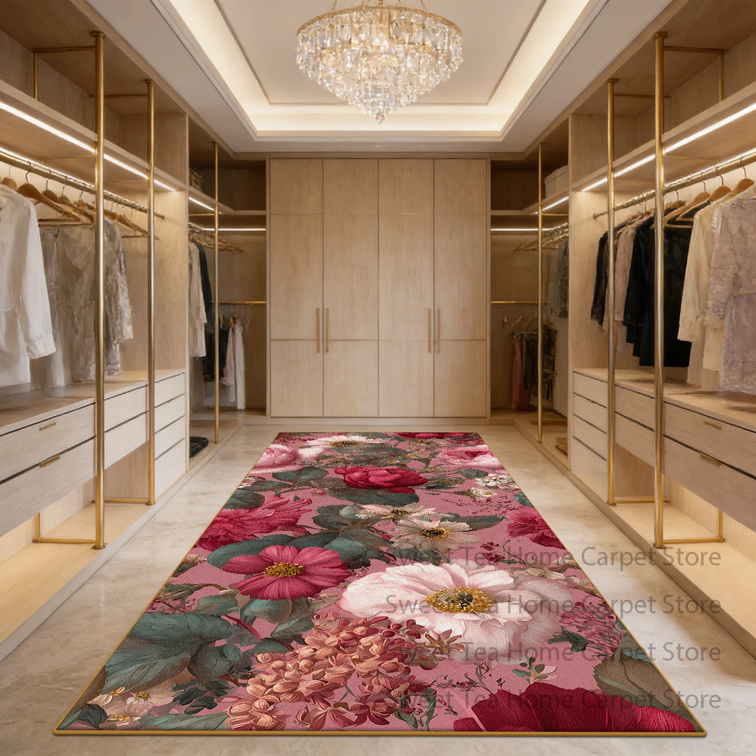 Retro Pink Peony Floral Cloakroom Large Area Rug Decoration Living Room Bedroom Washable Non-slip Mat Soft Fluffy Office Carpet