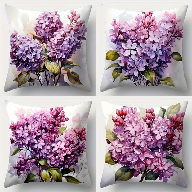 Decorative Lilac Floral Pillow Covers Set 4pcs 40x40cm Aesthetic Home Decor Throw Cushions for Bedroom Spring Gift