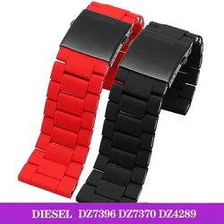 Silicone Rubber Stainless Steel Watchband Mens Waterproof for Die-sel DZ7370 DZ7396 DZ4289 Fold Buckle Strap Bracelet Black 28mm