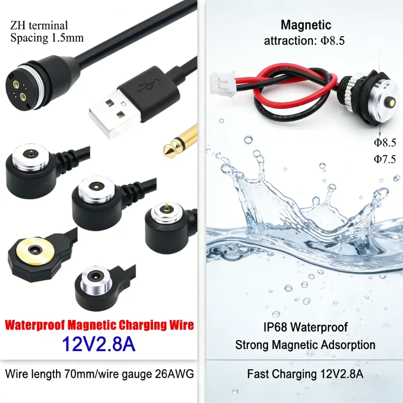 Magnetic Charging Cable 12V 2.8A Waterproof Male Female Connector Anti Short Circuit for Wearable Device Data Transmission
