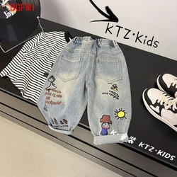 2-10Y Korean Children's Clothing, Denim Pants Spring Autumn Trousers Boys Girls Long Pants Cartoon Jeans for Kids Straight Pants