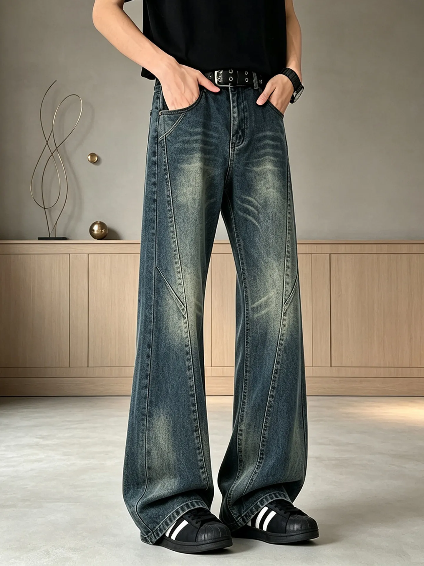 Retro Blue Washed Men's Straight Leg Jeans Deconstructed Denim Cleanfit Premium Feeling Trendy Brand  Pants