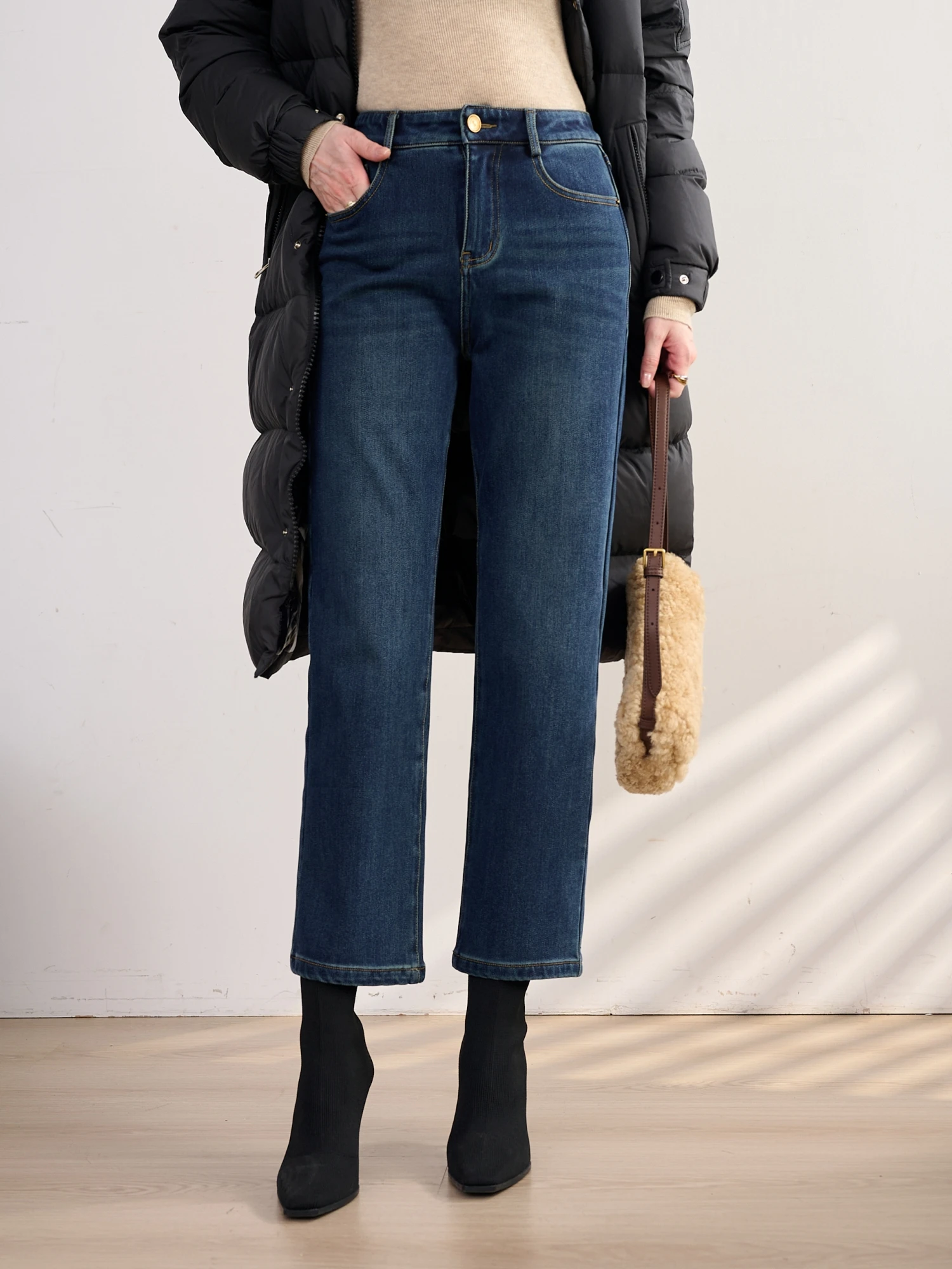 

JPOO Mid-Rise Slim Fit Fce Lined Cotton Feel Four Way Stretch Denim Jeans Women's Commute Sle Straight Leg Jeans