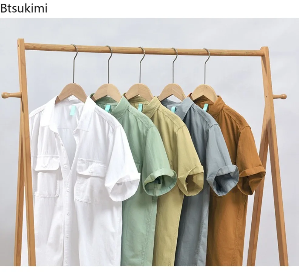 Summer Casual Short Sleeve Shirts for Men 2025 Fashion Simple Lapel Cardigan Double Pocket Design Men Cotton Vintage Shirt Coats
