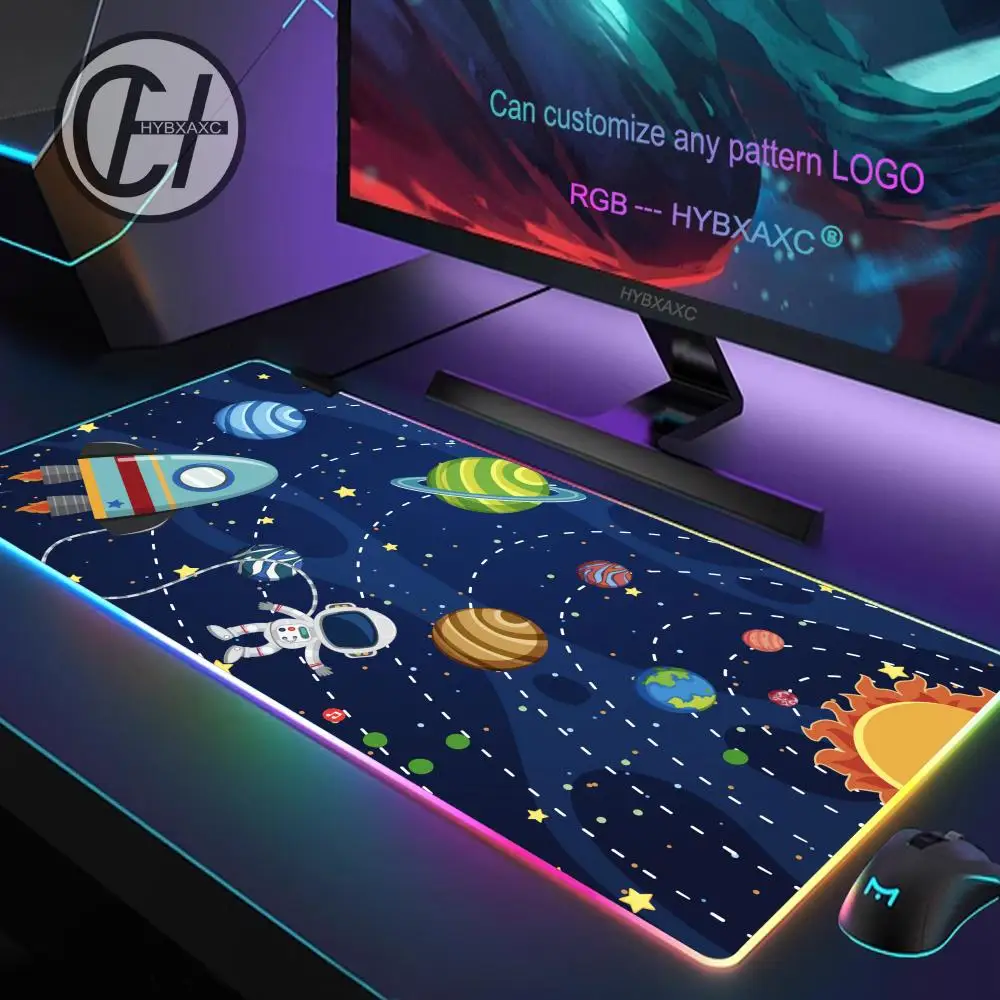 80X40CM HYBXAXC Astronaut Printing Black Pattern Mouse Pad RGB Gaming Mouse Pad Desk Mat HD Gamer Large LED Light XXL 100X50CM