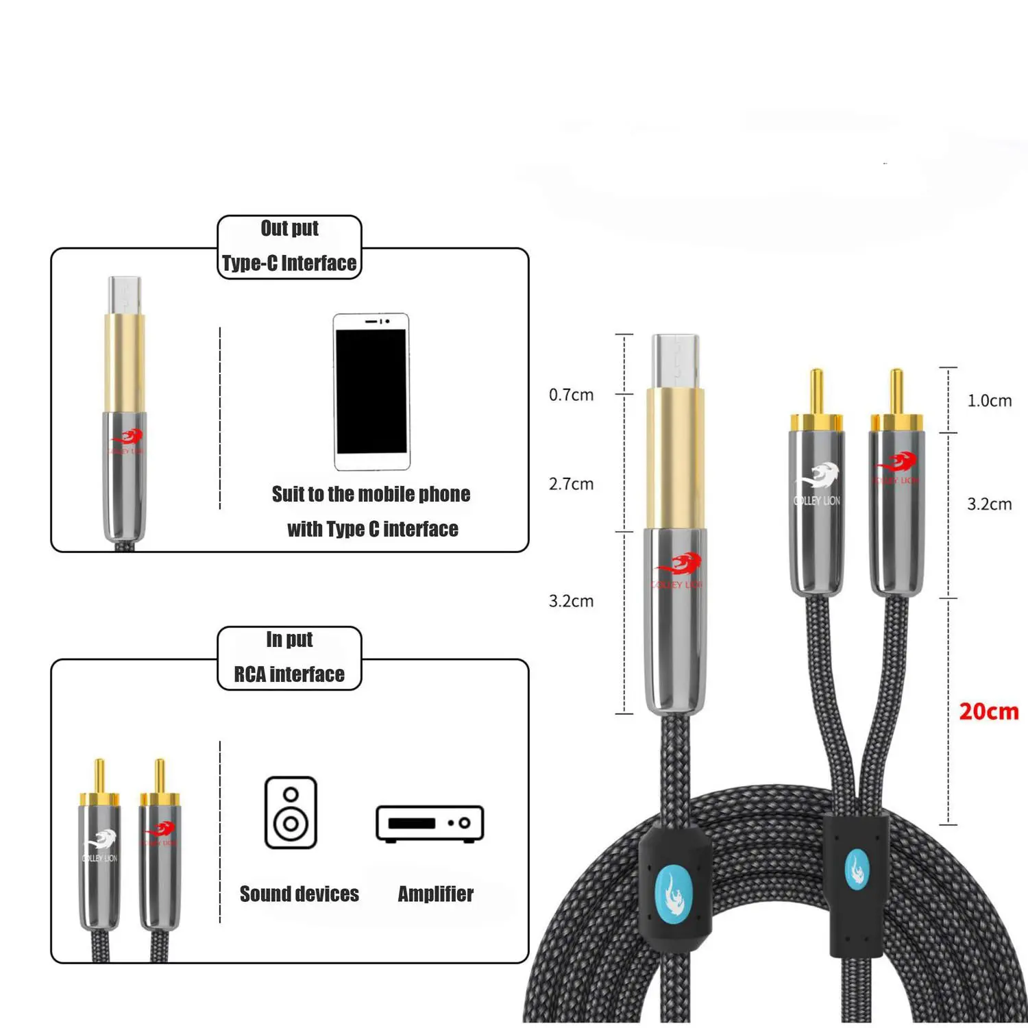 Hifi Audio Cable Type-C to Dual RCA for Smart Phone PC Audio Amplifier Soundbox Shielding Splitter Cable 1M 2M 3M 5M 8M 10M