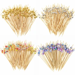 100pcs 12cm Gold Beads Bamboo Fruit Sticks Fruit Salad Snack Fork Cocktail Decor Cupcake Buffet Toothpicks Wedding Party Supplie