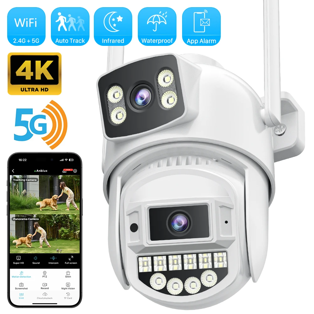 

5GHz WiFi Surveillance Camera 4K 8MP Dual Lens AI Human Detection Outdoor Security PTZ IP Cameras 10MP Two-Way Intercom CCTV Cam