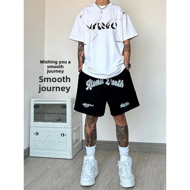

2026 New American Trend Brand Pure Cotton Casual Sports Black Shorts Men Summer Loose Drawstring Five-Quarter Pants mid Waist