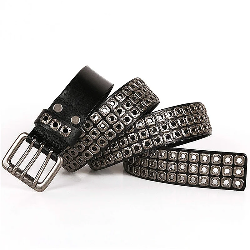 PU Leather Punk Style Biker Metal Rivet Belt Man Buckle Vintage Rock Rivet Pin Buckle Cowhide Luxury Waistband
