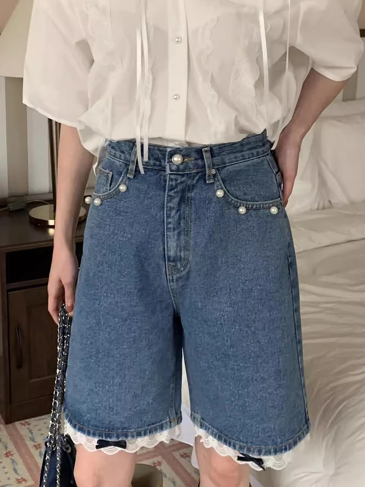 

Retro High Waist orts with Bow Decoration Splicing Embelliment Versatile Summer Chic Beaded Denim Skort for Young Women