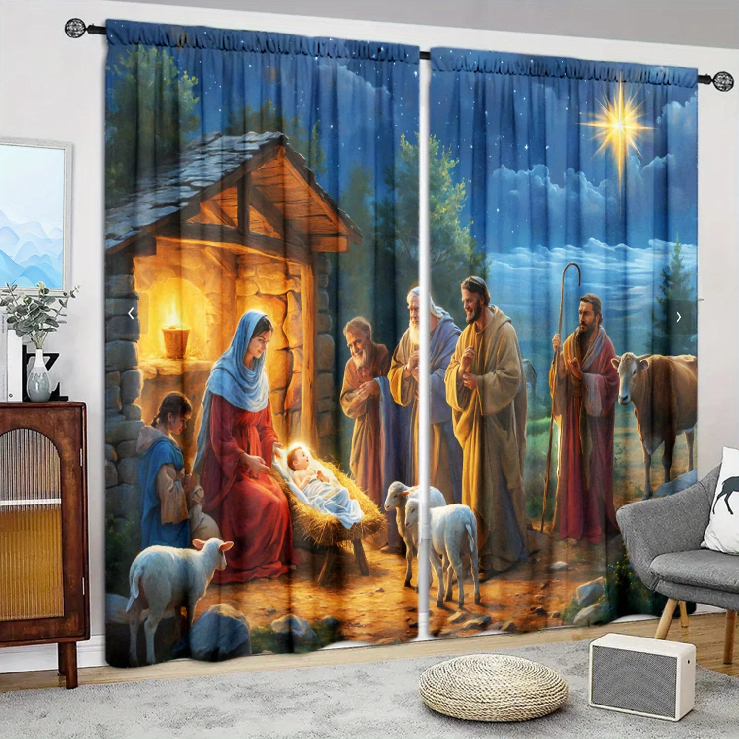Christmas Nativity Scene Rod Pocket Window Curtains - Holiday Theme Room Decor for Bedroom Living Room Set of 2 Panels