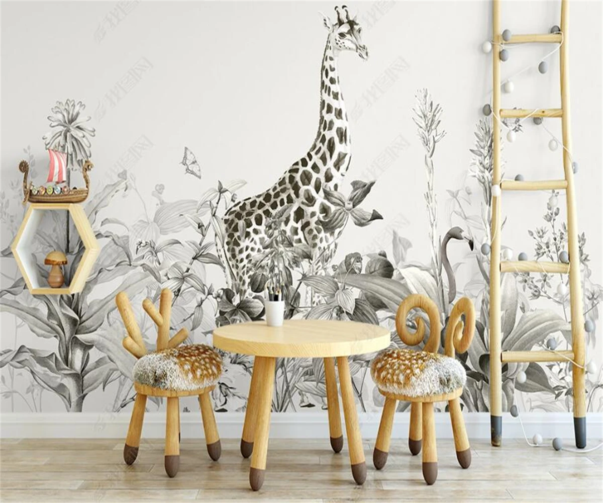 

beibehang Customized hand-painted luxury modern new Nordic tropical plant giraffe forest animal background wallpaper