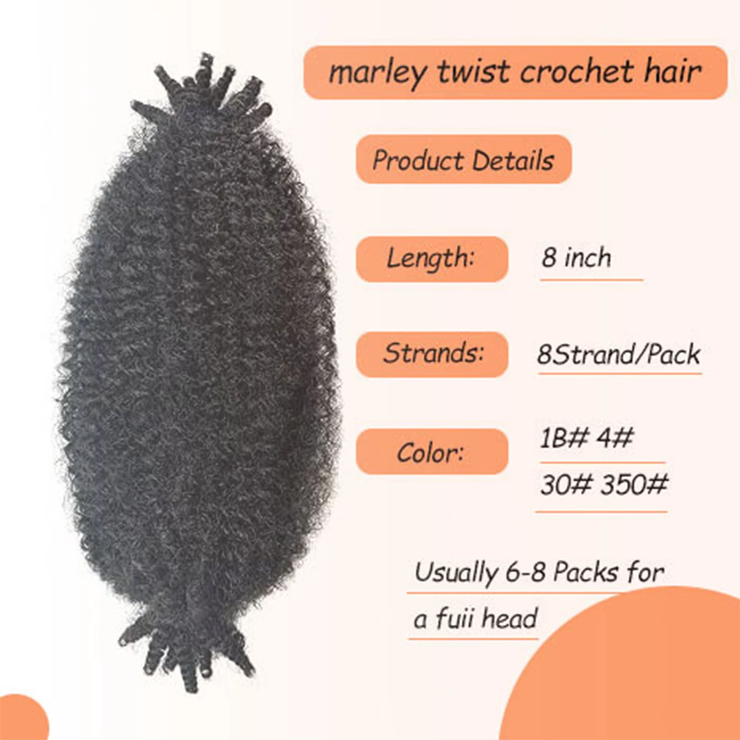 8 Inch Pre‑Looped Marley Twist Crochet Hair, Afro Kinky Marley Braiding Hair Synthetic Spring Twist Hair Extensions for Women