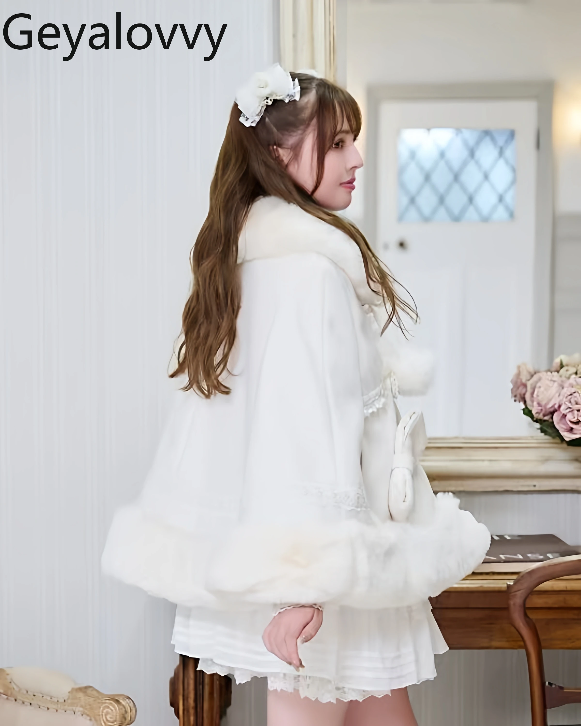 Japanese Style Liz Bowknot Pom-Pom Lace-up Double-Breasted Cape Coat Winter New Sweet Girls Versatile Warm Cute Cloak Jacket