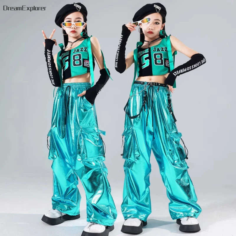 Hip Hop Boys Fashion T-shirt Shiny PU Leather Cargo Pants Girls Crop Top Kids Street Dance Streetwear Children Jazz Clothes Sets