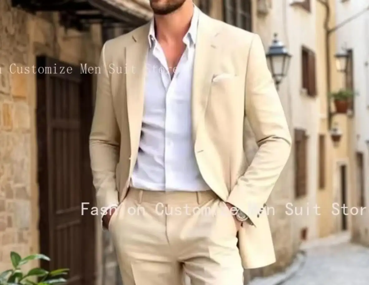 

Классические бежевые свадебные костюмы для мужчин 2026: приталенный крой, однобортный, с вырезанными лацканами, комплект из 2 предметов (пиджак и брюки), Terno Costume Homme