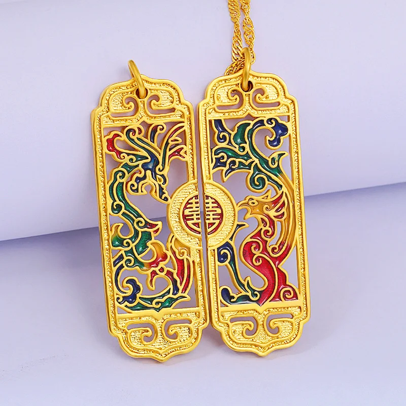 Sturdy & Firm Porcelain Dragon Phoenix Gold Inlaid Jade Pendant For Men & Women 24K Gold AU999 |Tight inlay,not easy to fall off