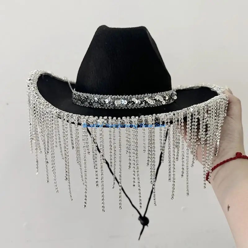 E56A Woman Dangle Decors Cowgirl Hat Wide Brim Fedoras Hat for Photoshoots