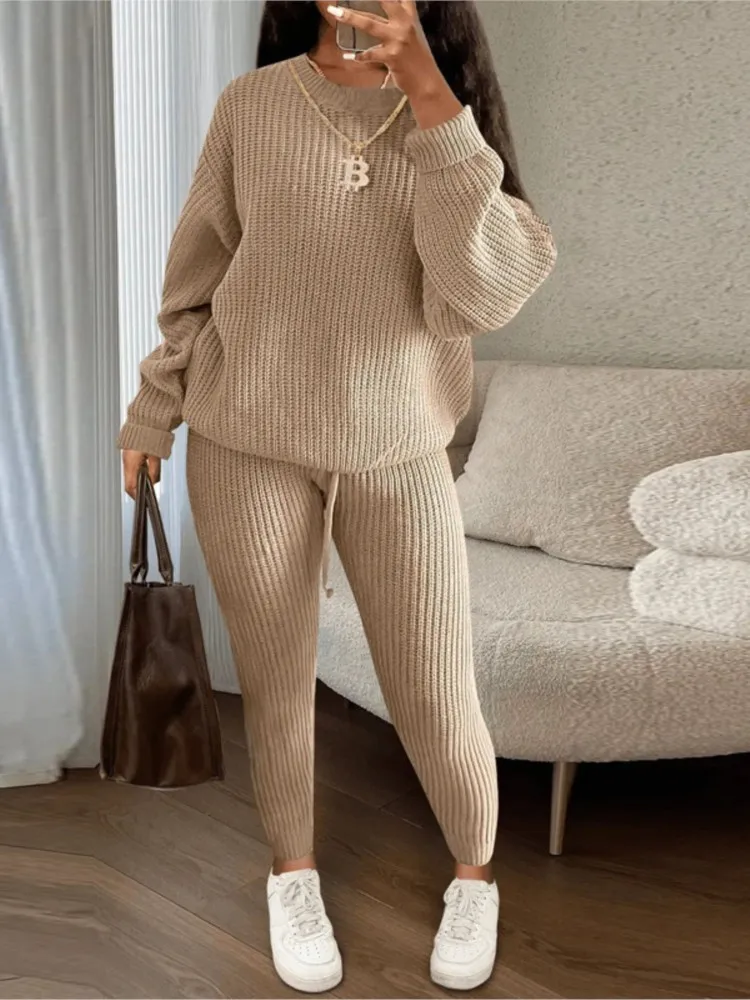 Langärmeliger O-Ausschnitt Pullover Leggings Anzug Zweiteiler 2026 Damen Herbst und Winter Lässige Strickkleidung Hauskleidung