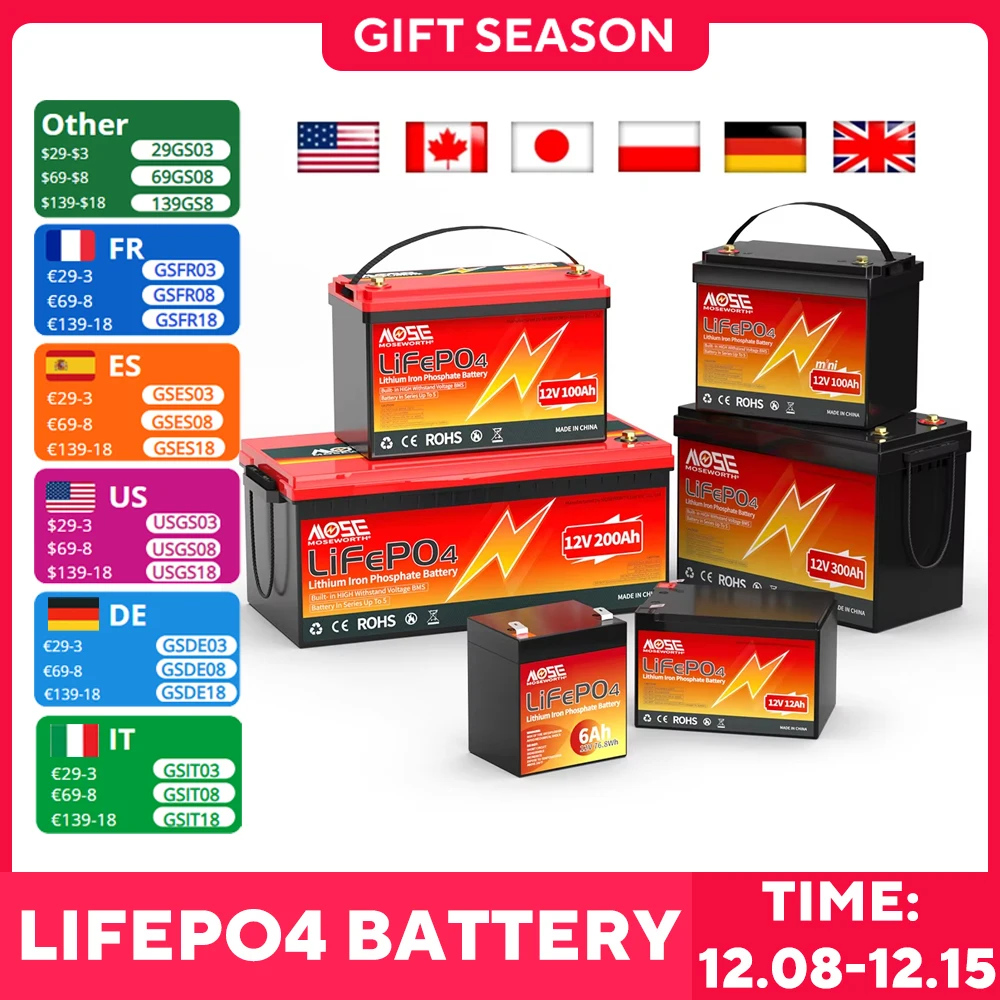 LiFePO4 Battery Pack 12V 24V 36V 48V 50Ah 60Ah 100Ah 200Ah 300Ah Lithium Iron Phosphate Batteries Deep Cycle for RV Camper Solar