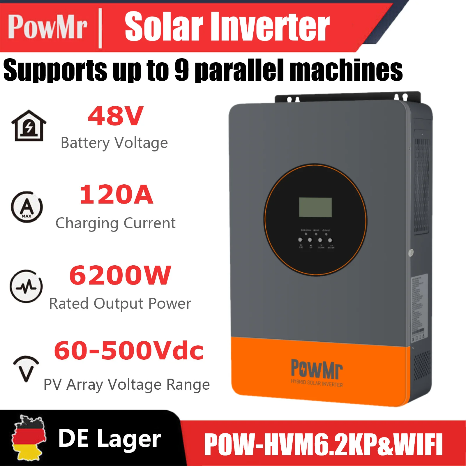 

PowMr 6200W 48V Hybrid Solar Inverter Charger 120A MPPT Pure Sine Wave BMS Parallel 9 Units Dual Output Support Without Battery