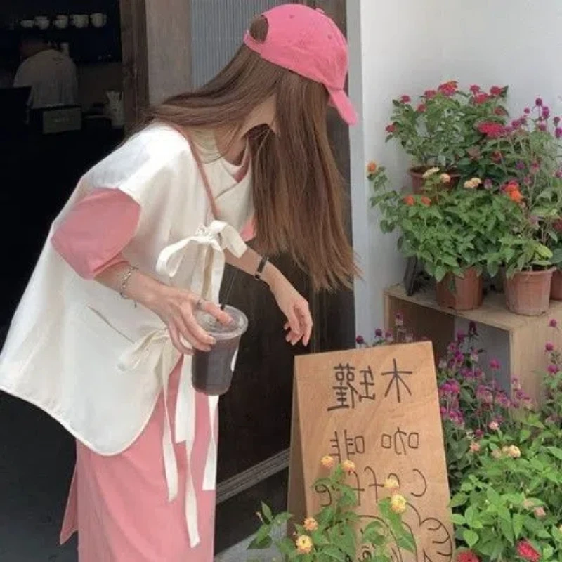 ใหม่เกาหลีขี้เกียจสไตล์เยาวชน T เสื้อฤดูร้อนหลวมเรียบง่าย Street Casual Midi ชุดแนวโน้มแฟชั่นเสื้อผ้าผู้หญิง