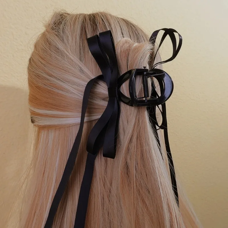 2023 Korean Black Bow Long Ribbon Hair Clip Headdress Sweet Ballet Princess Y2K Girls Hair Claws Hairpin Women Hair Accessories