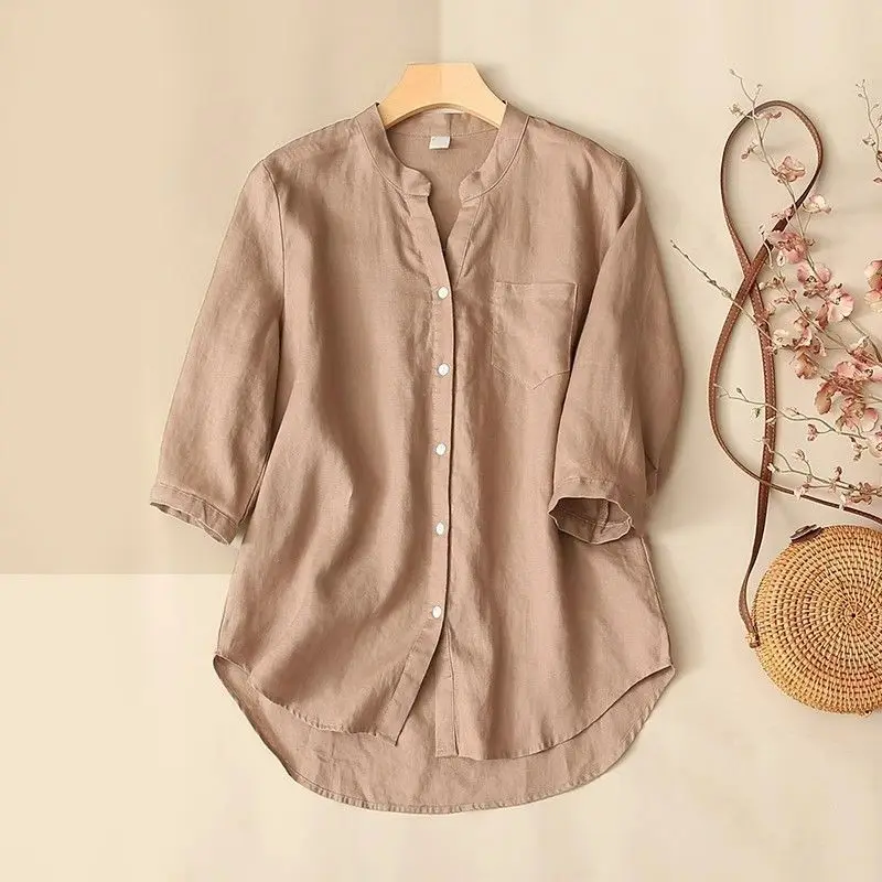 French Sweet Summer 2024 Patchwork V-Neck Button Fashion Solid Color Thin Elegant Women's Loose Short Sleeved Blouses Shirts